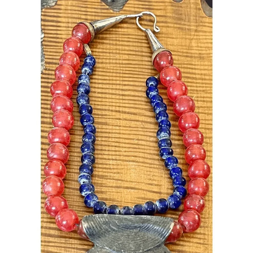 Ashanti Ghana Double Strand 18 Inch Glass Bead Necklace With Brass Pendant